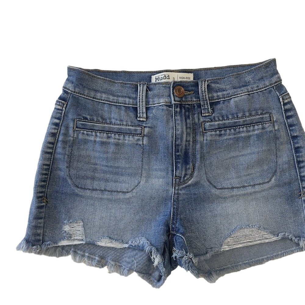 Mudd FLX Distressed Denim Jean Shortie Junior SZ 3 Blue Frayed Hem High Rise - Picture 2 of 10